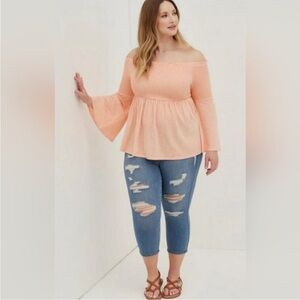 Babydoll Knit Smocked Off-Shoulder Bell Sleeve Top, NWT